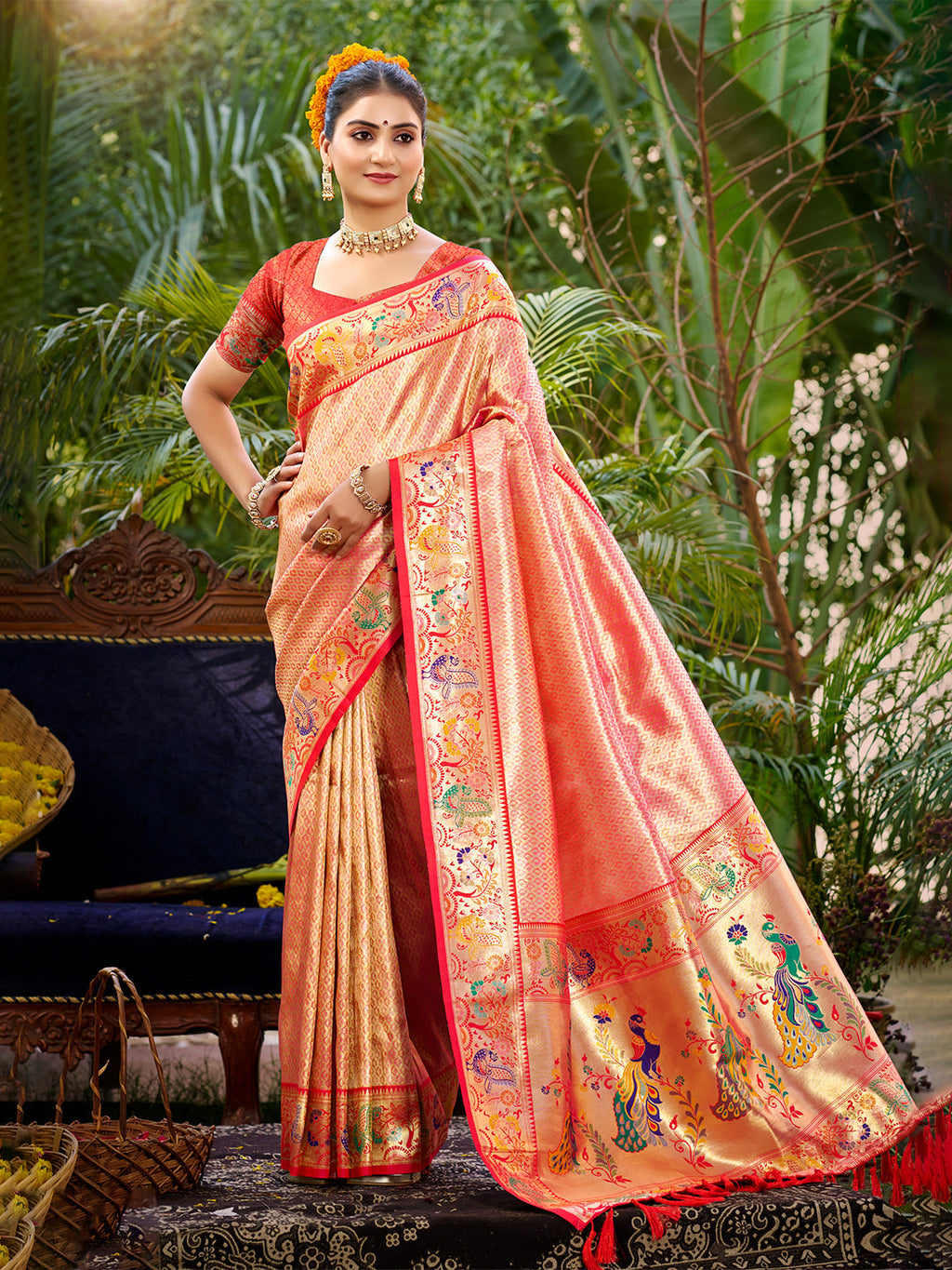 Sangam Prints Red  Silk Woven Work Traditional Saree | Grocsy