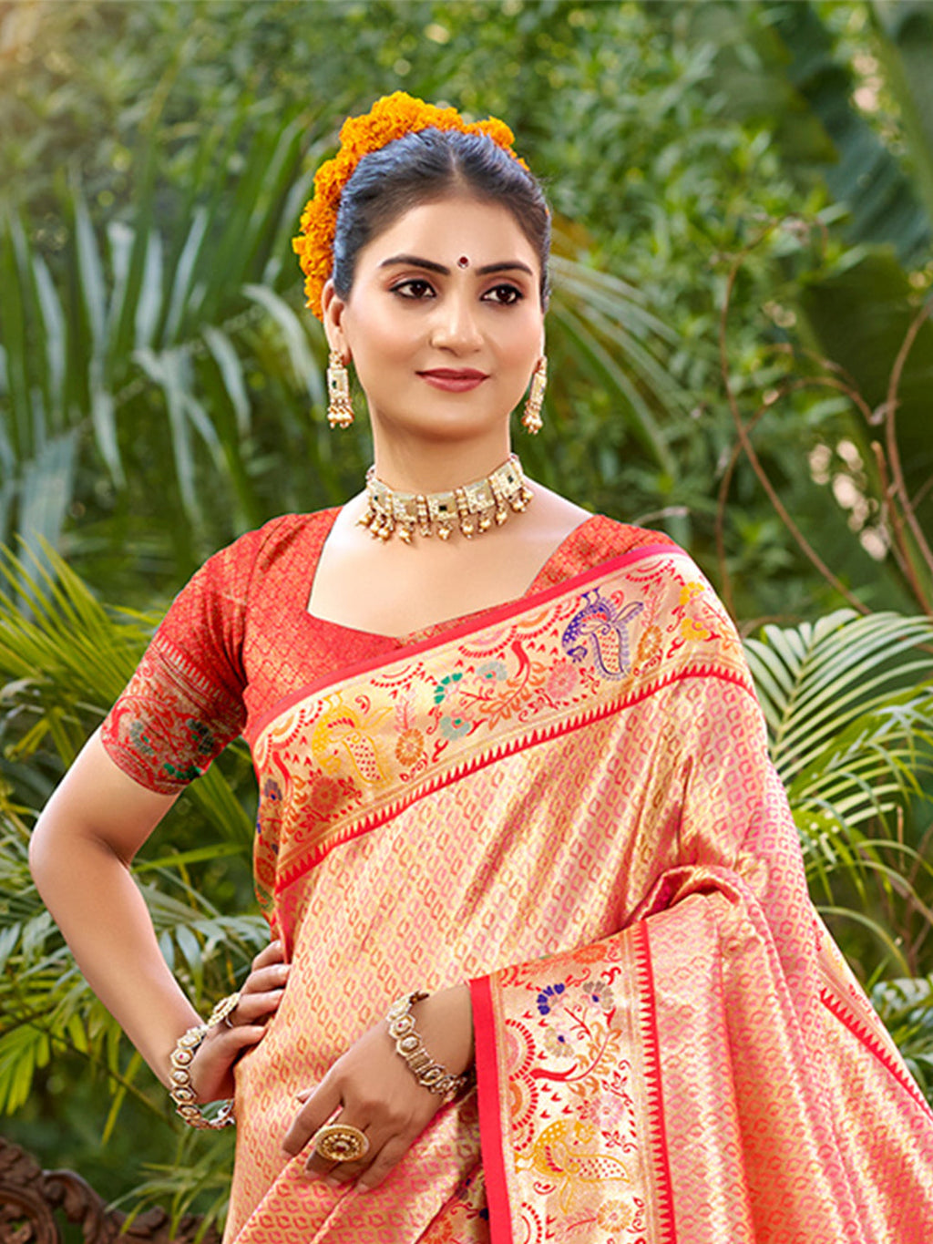 Sangam Prints Red  Silk Woven Work Traditional Saree | Grocsy