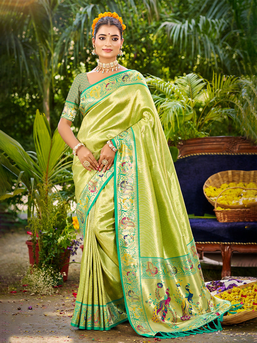 Sangam Prints Parrot Green Silk Woven Work Traditional Saree | Grocsy