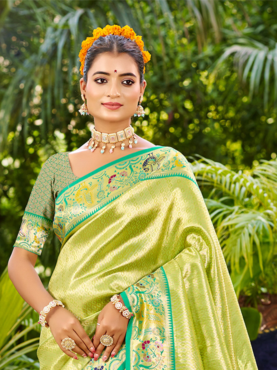 Sangam Prints Parrot Green Silk Woven Work Traditional Saree | Grocsy