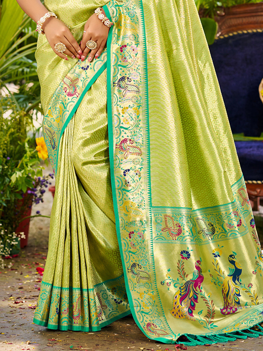 Sangam Prints Parrot Green Silk Woven Work Traditional Saree | Grocsy