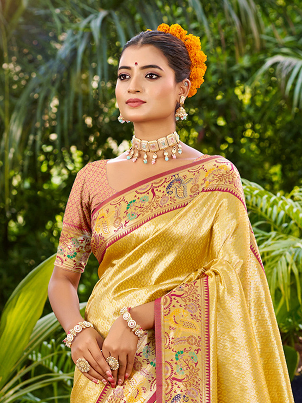 Sangam Prints Yellow Silk Woven Work Traditional Saree | Grocsy