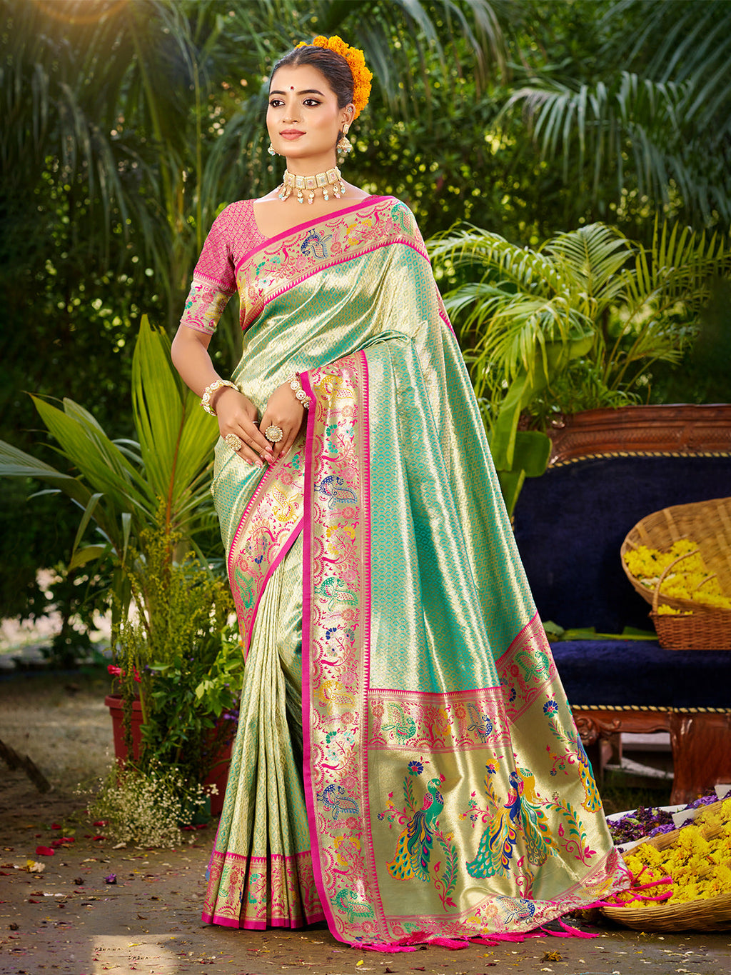 Sangam Prints Dark Green Silk Woven Work Traditional Saree | Grocsy