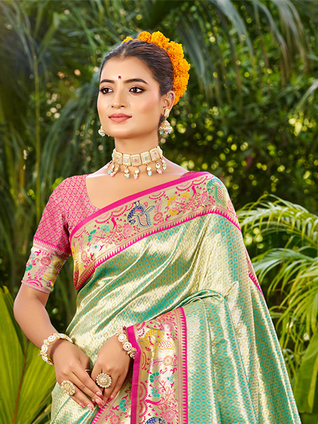 Sangam Prints Dark Green Silk Woven Work Traditional Saree | Grocsy