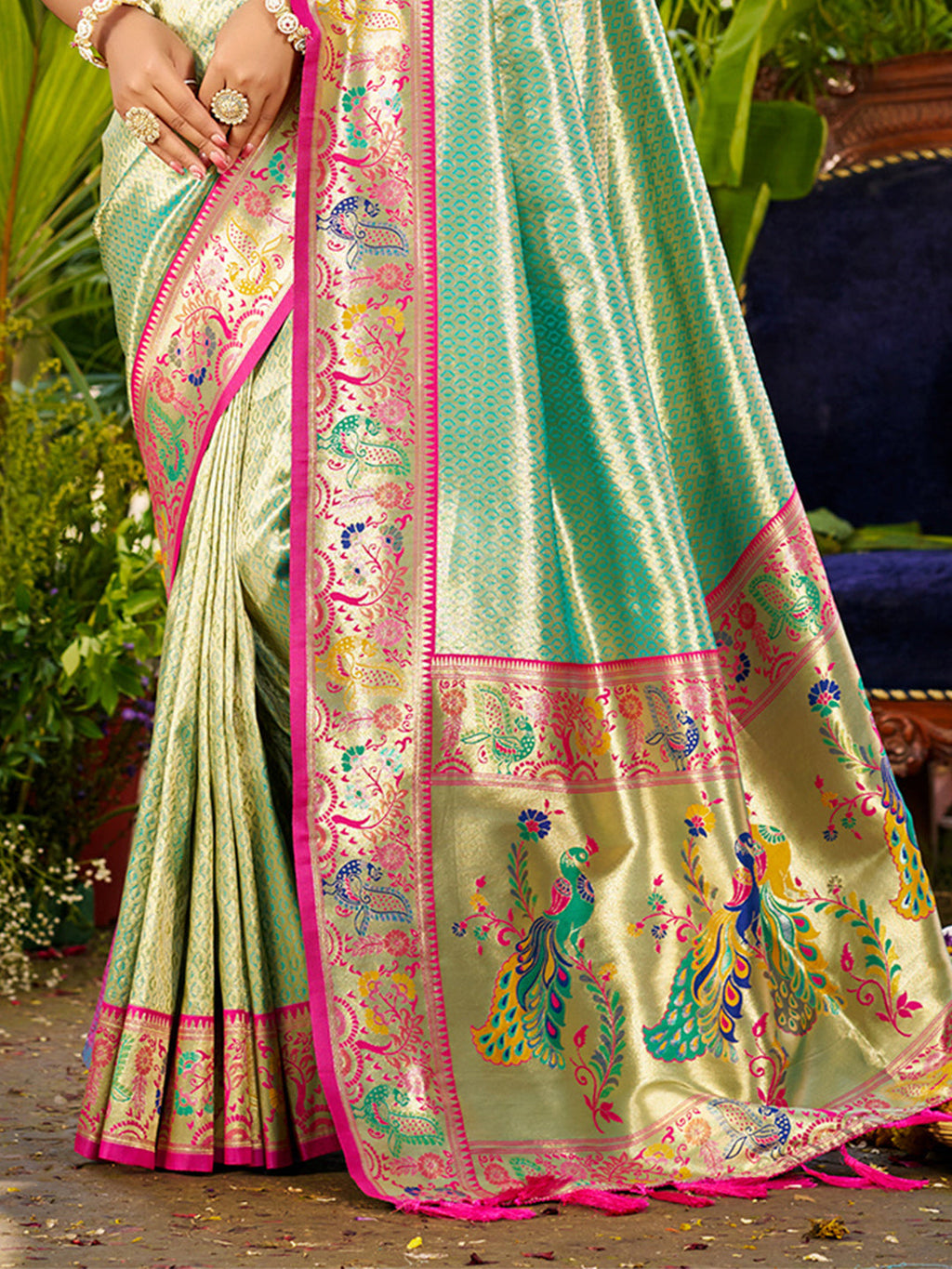 Sangam Prints Dark Green Silk Woven Work Traditional Saree | Grocsy