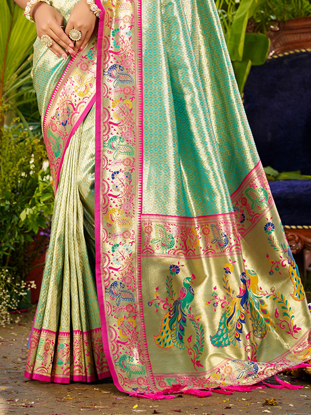Sangam Prints Dark Green Silk Woven Work Traditional Saree | Grocsy