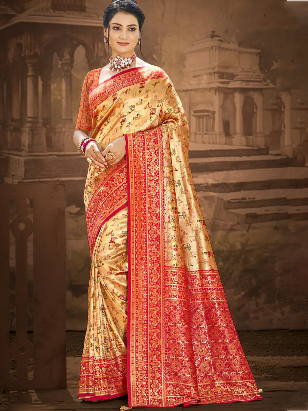 Sangam Prints Multi Color Dharmavaram Woven Work Traditional Saree | Grocsy