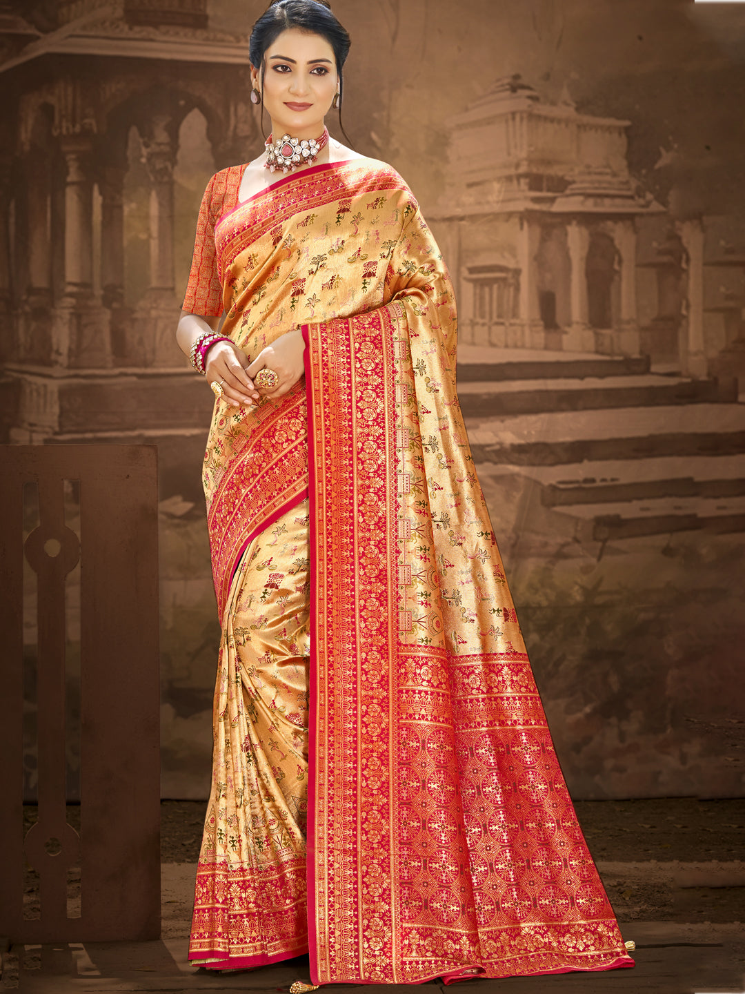 Sangam Prints Multi Color Dharmavaram Woven Work Traditional Saree | Grocsy