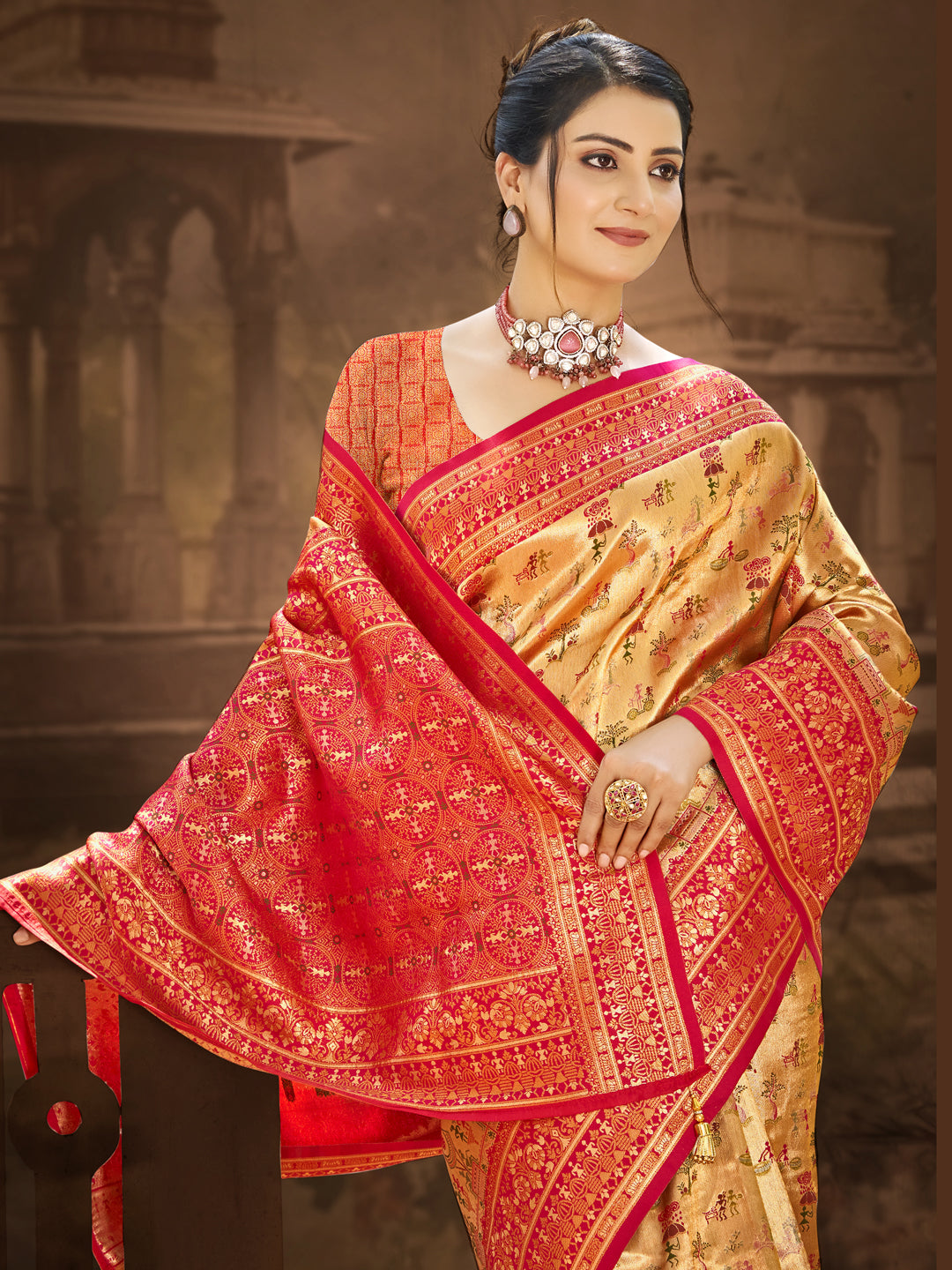 Sangam Prints Multi Color Dharmavaram Woven Work Traditional Saree | Grocsy