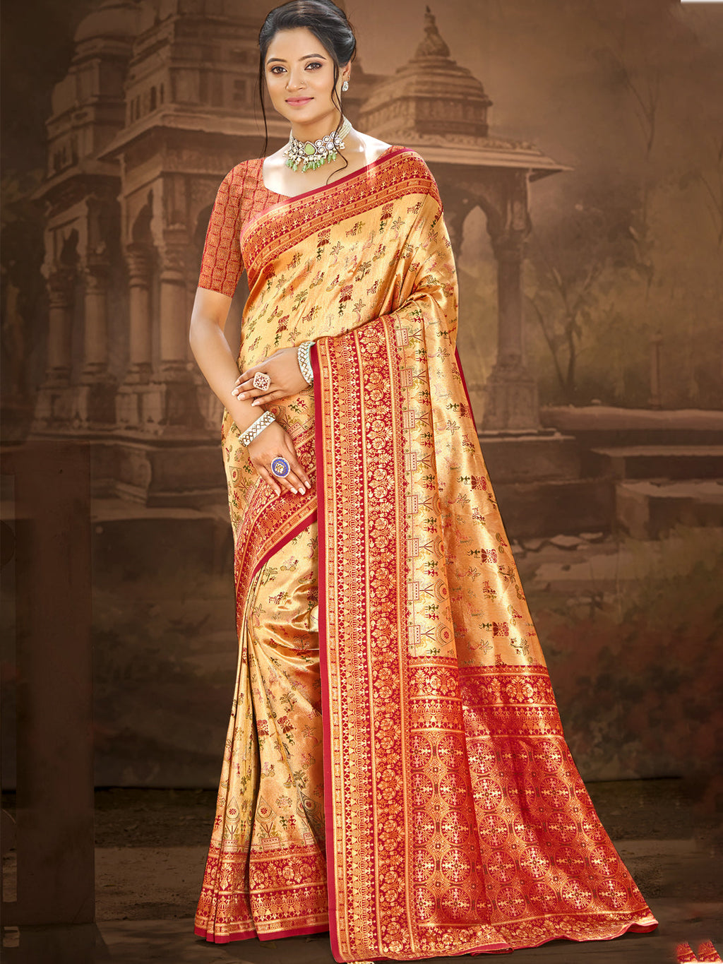 Sangam Prints Multi Color Dharmavaram Woven Work Traditional Saree | Grocsy