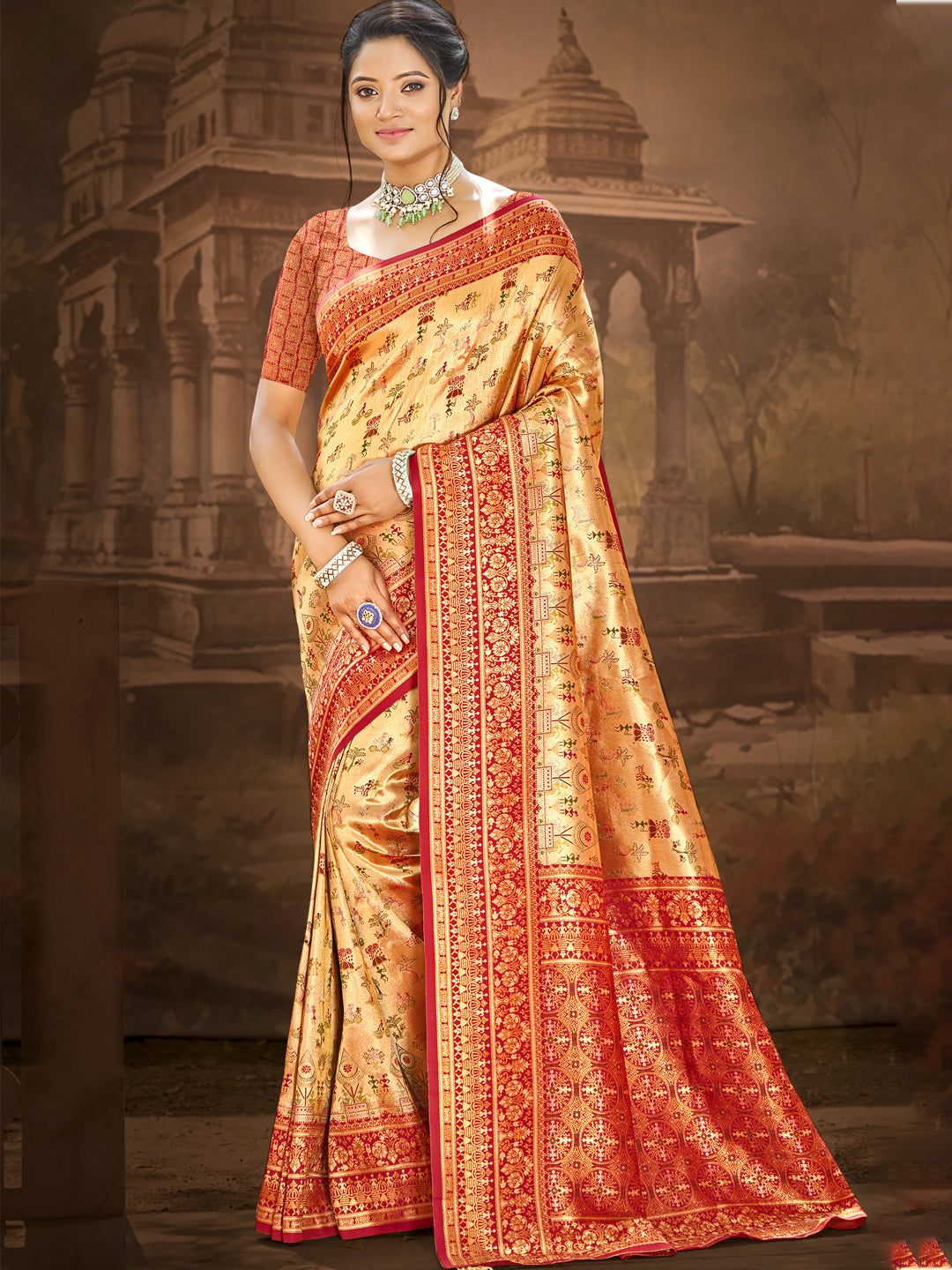 Sangam Prints Multi Color Dharmavaram Woven Work Traditional Saree | Grocsy