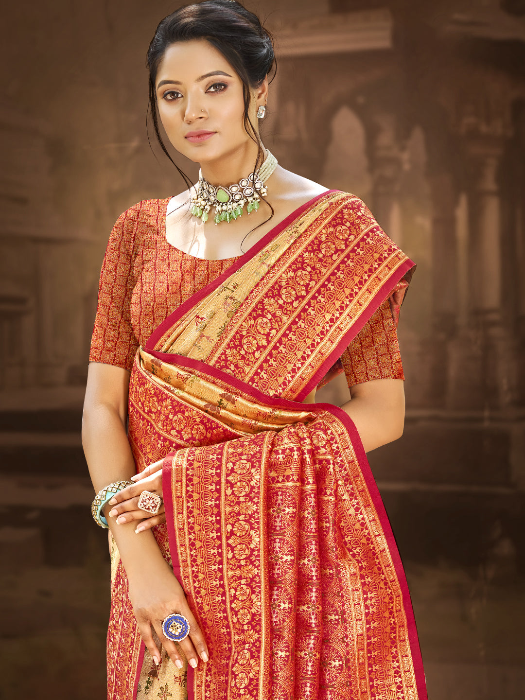 Sangam Prints Multi Color Dharmavaram Woven Work Traditional Saree | Grocsy