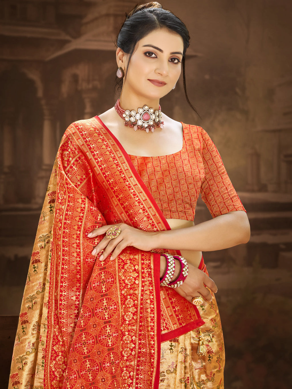 Sangam Prints Multi Color Dharmavaram Woven Work Traditional Saree | Grocsy