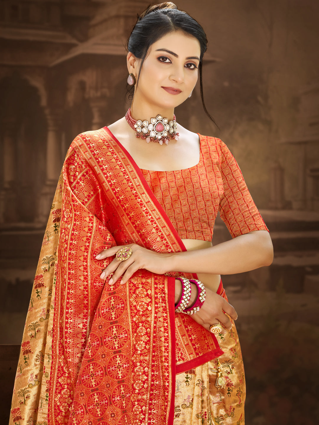 Sangam Prints Multi Color Dharmavaram Woven Work Traditional Saree | Grocsy