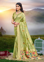 Sangam Prints Green Heavy Assam Silk Saree With Meena Woven Work Traditional Saree | Grocsy