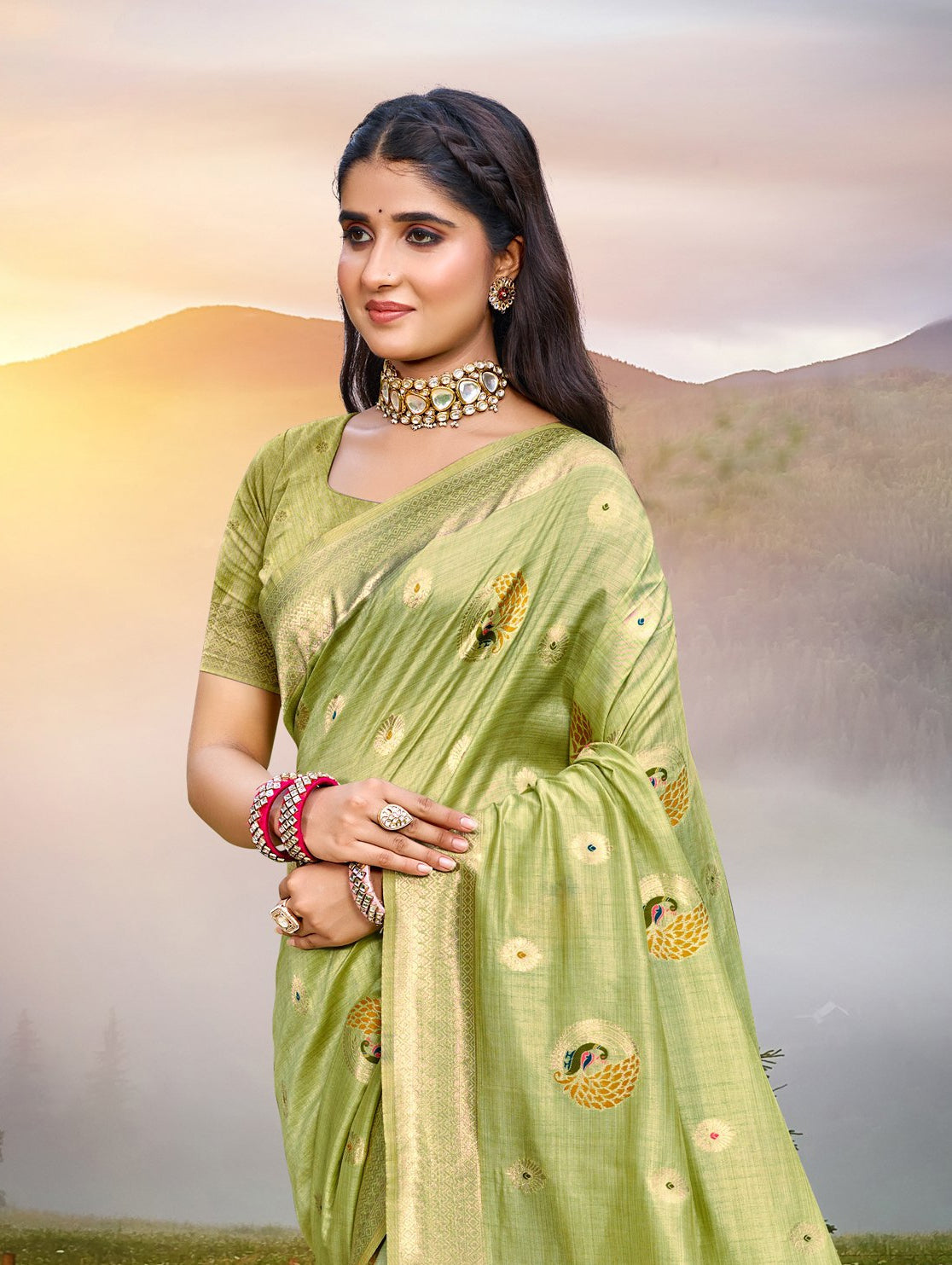 Sangam Prints Green Heavy Assam Silk Saree With Meena Woven Work Traditional Saree | Grocsy