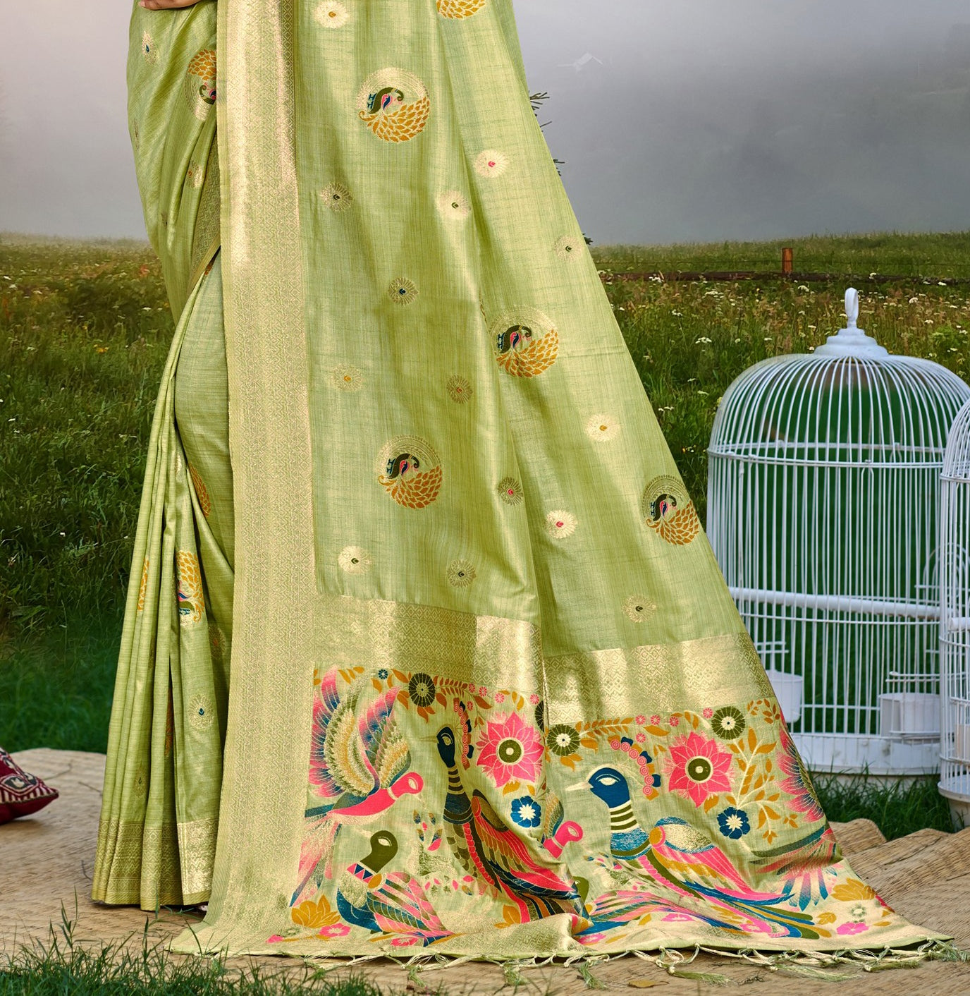 Sangam Prints Green Heavy Assam Silk Saree With Meena Woven Work Traditional Saree | Grocsy