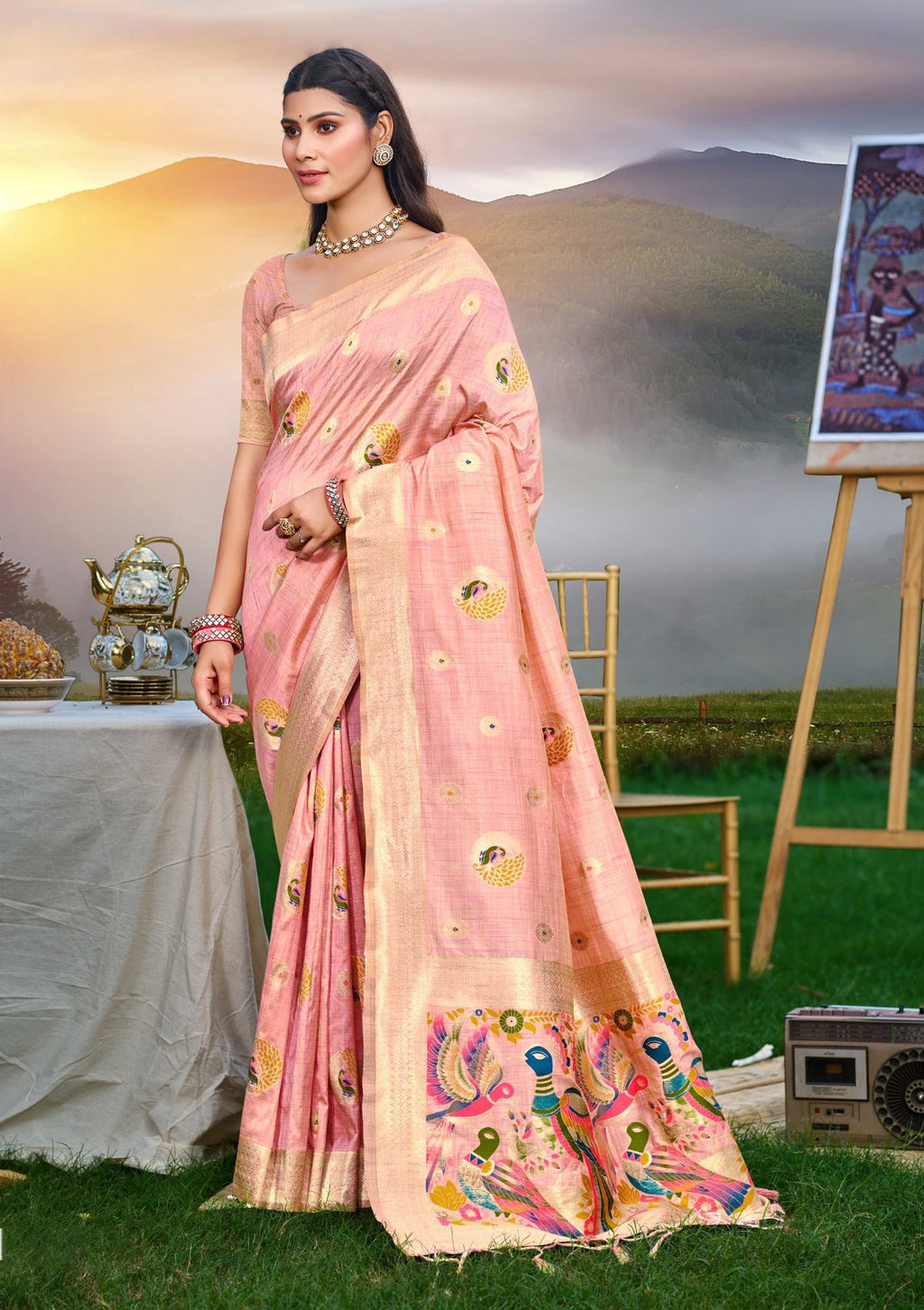 Sangam Prints Pink Heavy Assam Silk Saree With Meena Woven Work Traditional Saree | Grocsy