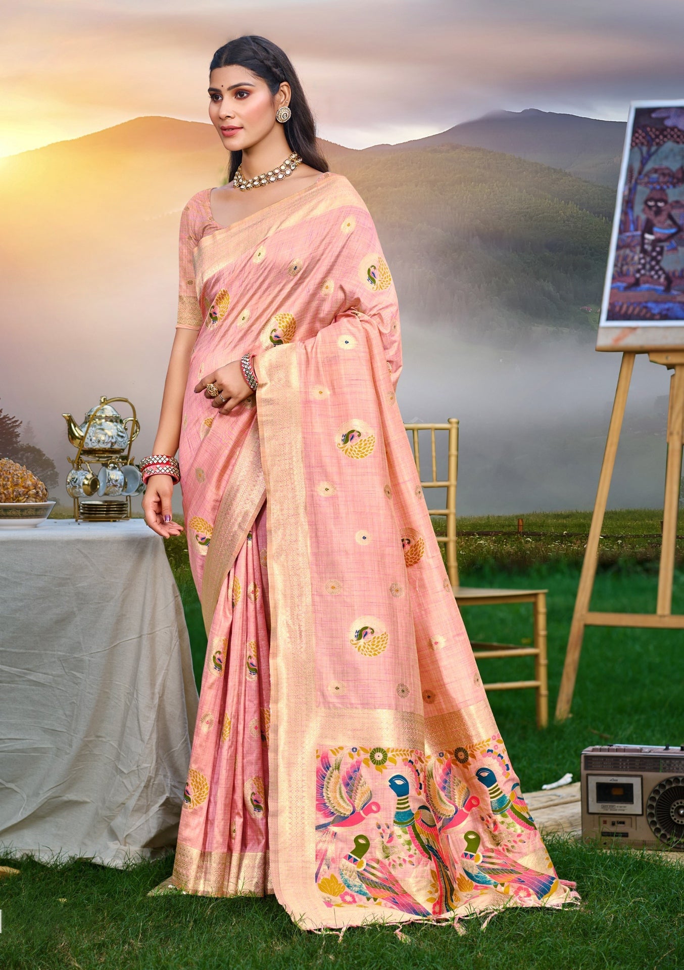 Sangam Prints Pink Heavy Assam Silk Saree With Meena Woven Work Traditional Saree | Grocsy