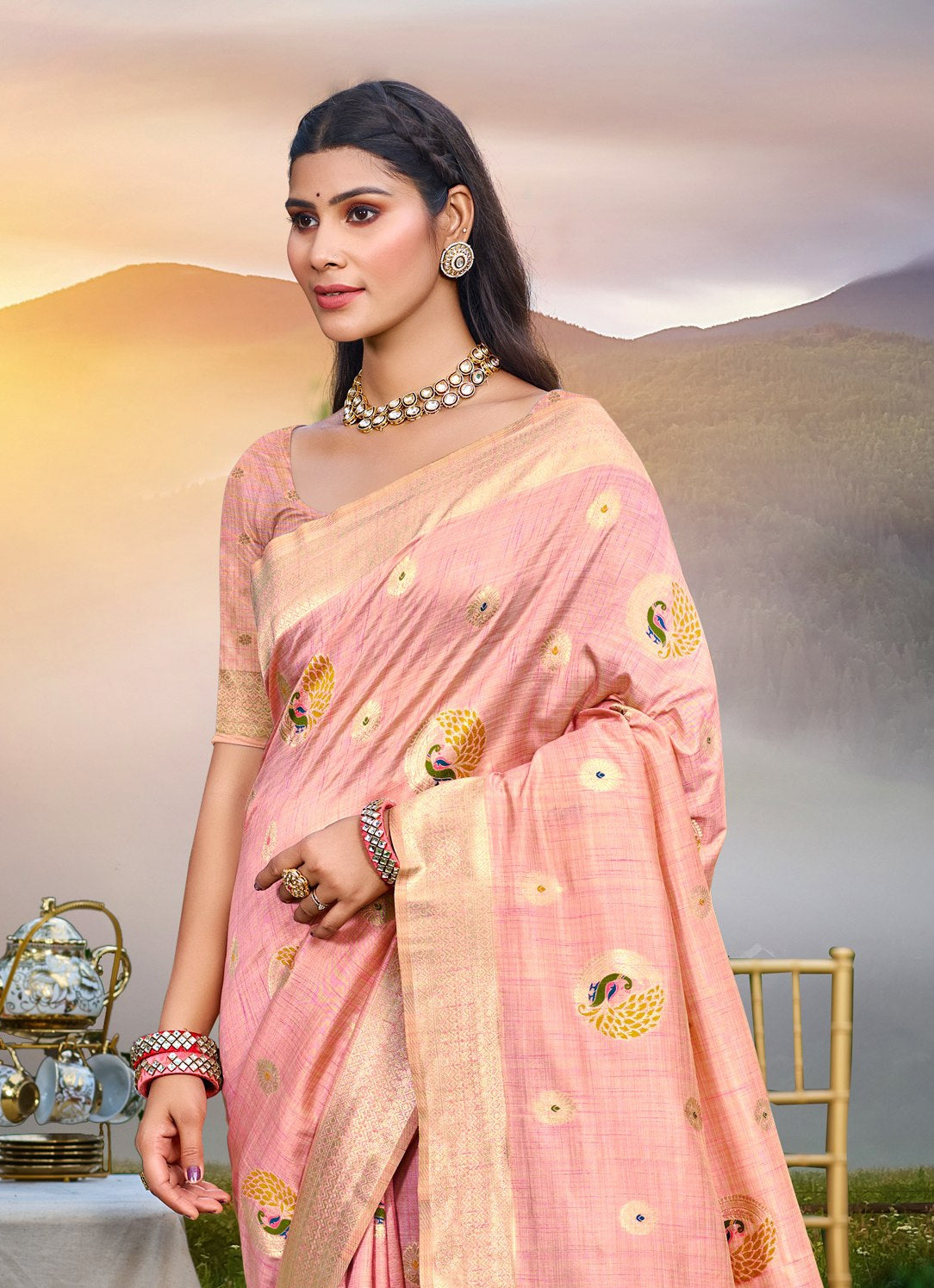 Sangam Prints Pink Heavy Assam Silk Saree With Meena Woven Work Traditional Saree | Grocsy