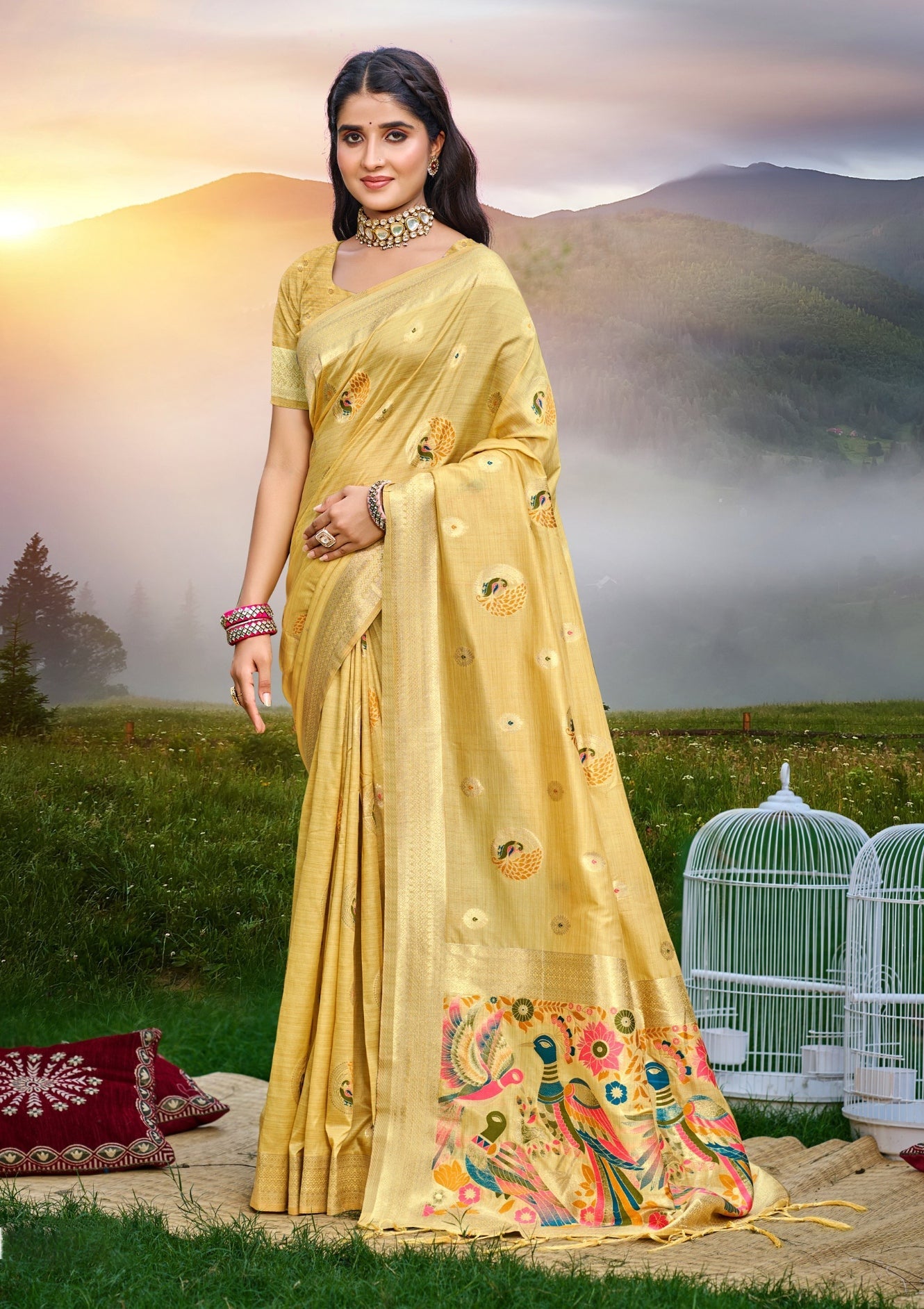 Sangam Prints Yellow Heavy Assam Silk Saree With Meena Woven Work Traditional Saree | Grocsy