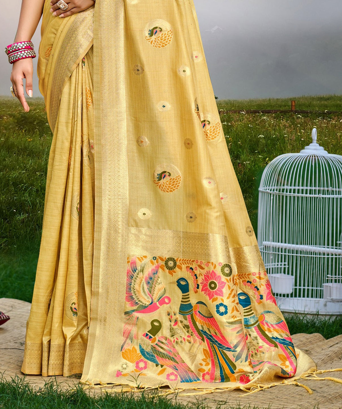 Sangam Prints Yellow Heavy Assam Silk Saree With Meena Woven Work Traditional Saree | Grocsy