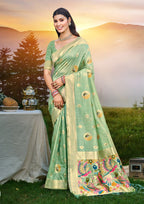 Sangam Prints Sea Green Heavy Assam Silk Saree With Meena Woven Work Traditional Saree | Grocsy