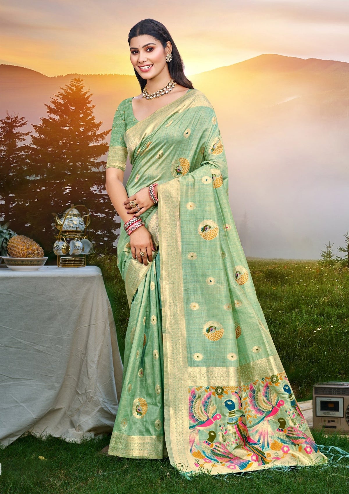 Sangam Prints Sea Green Heavy Assam Silk Saree With Meena Woven Work Traditional Saree | Grocsy