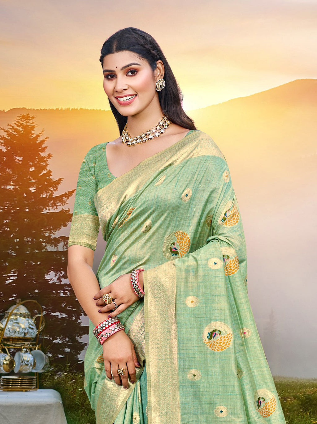 Sangam Prints Sea Green Heavy Assam Silk Saree With Meena Woven Work Traditional Saree | Grocsy