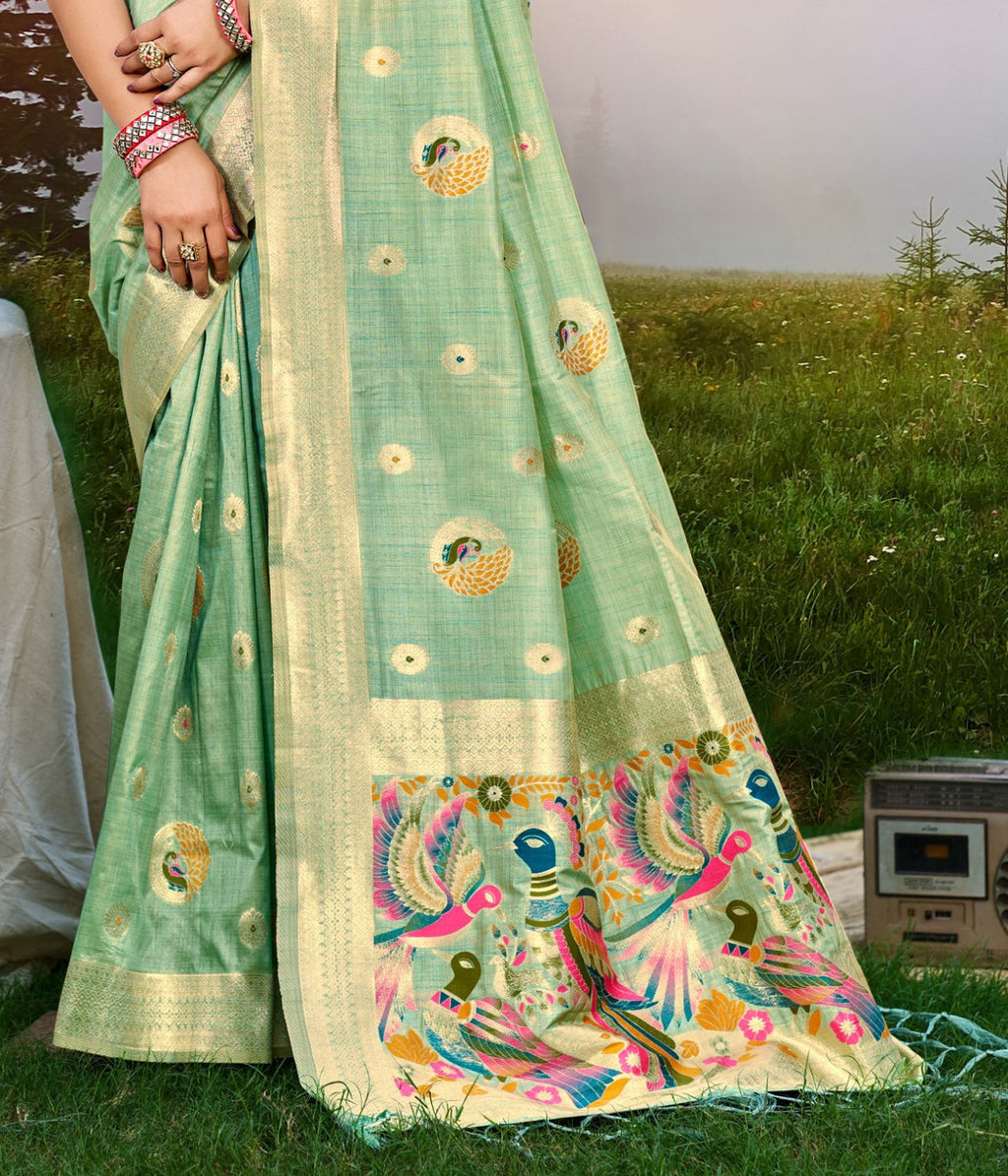Sangam Prints Sea Green Heavy Assam Silk Saree With Meena Woven Work Traditional Saree | Grocsy