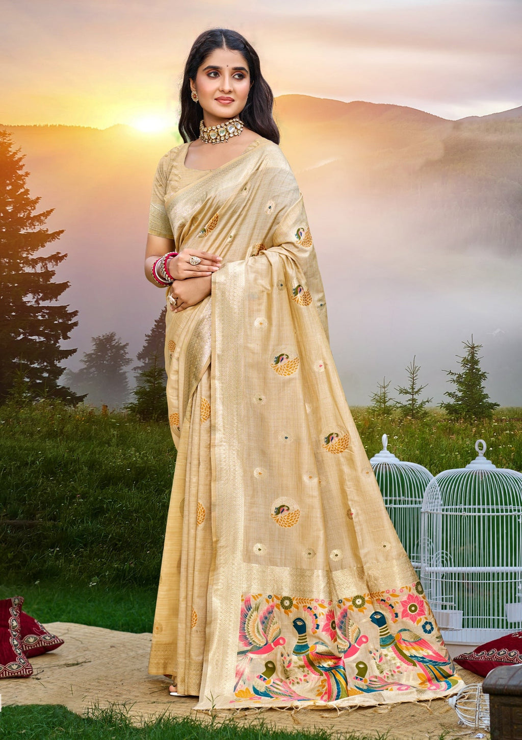 Sangam Prints Cream Heavy Assam Silk Saree With Meena Woven Work Traditional Saree | Grocsy