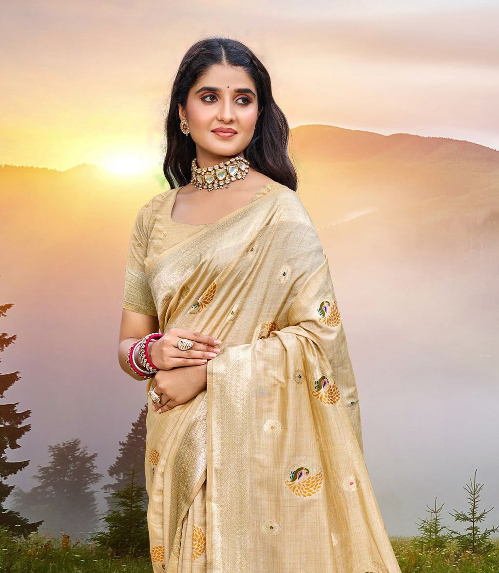 Sangam Prints Cream Heavy Assam Silk Saree With Meena Woven Work Traditional Saree | Grocsy