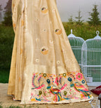 Sangam Prints Cream Heavy Assam Silk Saree With Meena Woven Work Traditional Saree | Grocsy