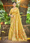 Sangam Prints Yellow Heavy Assam Silk Saree With Meena Woven Work Traditional Saree | Grocsy