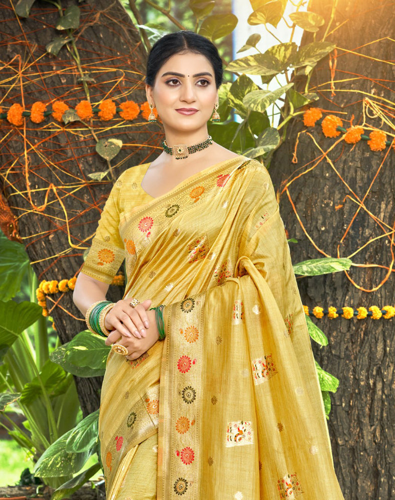 Sangam Prints Yellow Heavy Assam Silk Saree With Meena Woven Work Traditional Saree | Grocsy