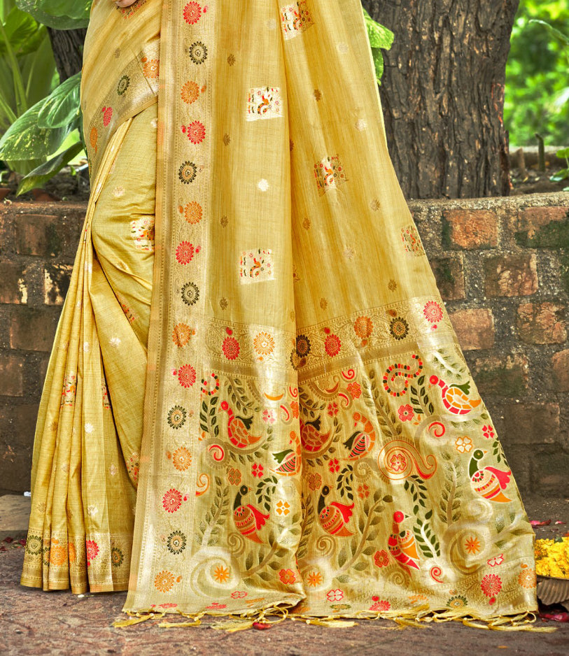 Sangam Prints Yellow Heavy Assam Silk Saree With Meena Woven Work Traditional Saree | Grocsy
