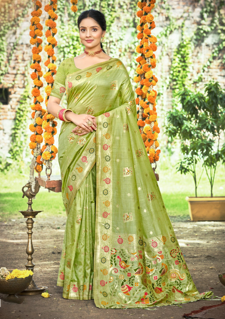 Sangam Prints Green Heavy Assam Silk Saree With Meena Woven Work Traditional Saree | Grocsy