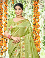 Sangam Prints Green Heavy Assam Silk Saree With Meena Woven Work Traditional Saree | Grocsy