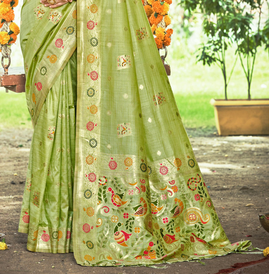 Sangam Prints Green Heavy Assam Silk Saree With Meena Woven Work Traditional Saree | Grocsy