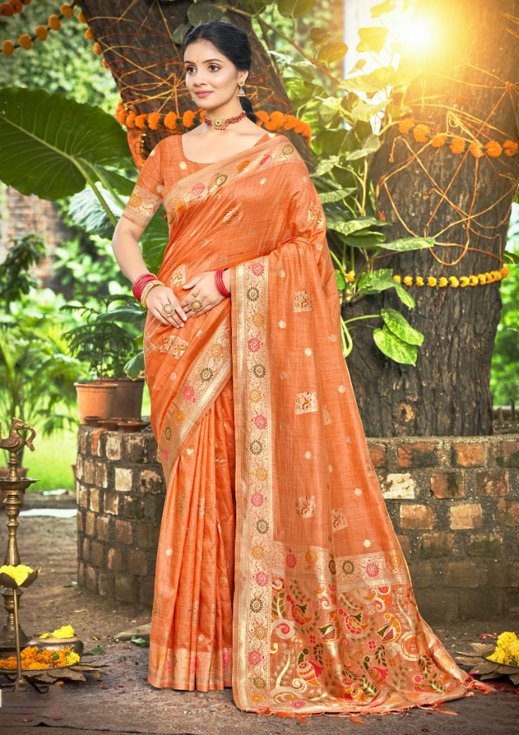 Sangam Prints Orange Heavy Assam Silk Saree With Meena Woven Work Traditional Saree | Grocsy