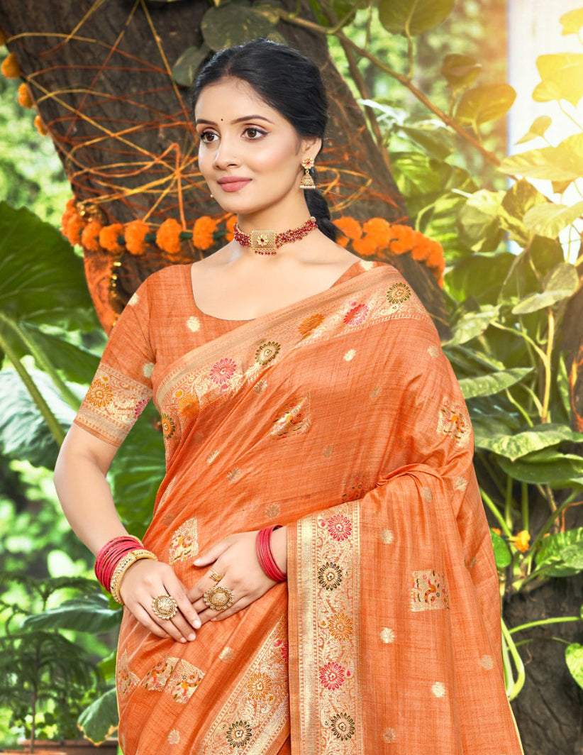 Sangam Prints Orange Heavy Assam Silk Saree With Meena Woven Work Traditional Saree | Grocsy