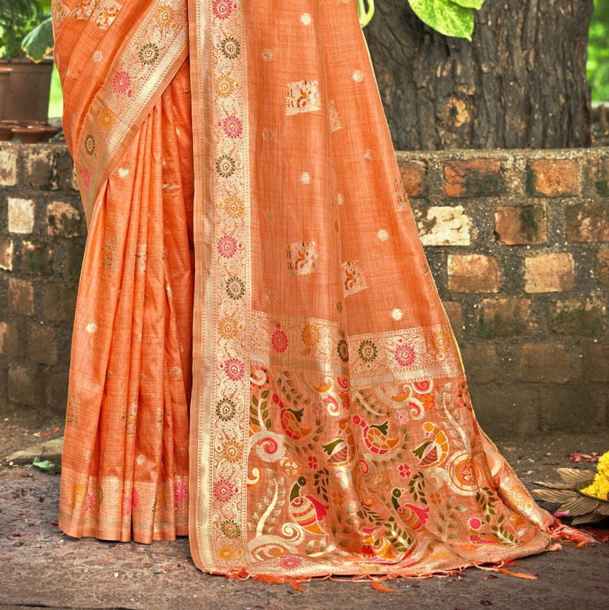 Sangam Prints Orange Heavy Assam Silk Saree With Meena Woven Work Traditional Saree | Grocsy