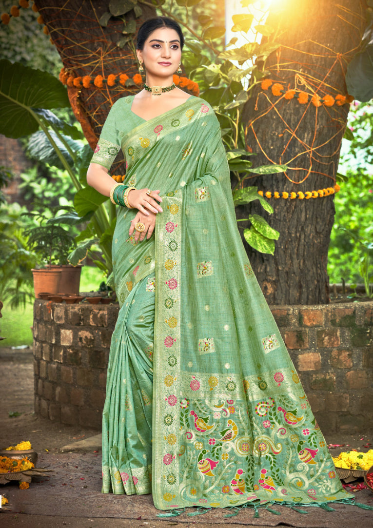 Sangam Prints Sea Green Heavy Assam Silk Saree With Meena Woven Work Traditional Saree | Grocsy