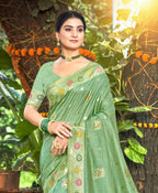Sangam Prints Sea Green Heavy Assam Silk Saree With Meena Woven Work Traditional Saree | Grocsy