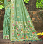 Sangam Prints Sea Green Heavy Assam Silk Saree With Meena Woven Work Traditional Saree | Grocsy