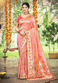 Sangam Prints Peach Heavy Assam Silk Saree With Meena Woven Work Traditional Saree | Grocsy