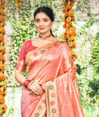 Sangam Prints Peach Heavy Assam Silk Saree With Meena Woven Work Traditional Saree | Grocsy