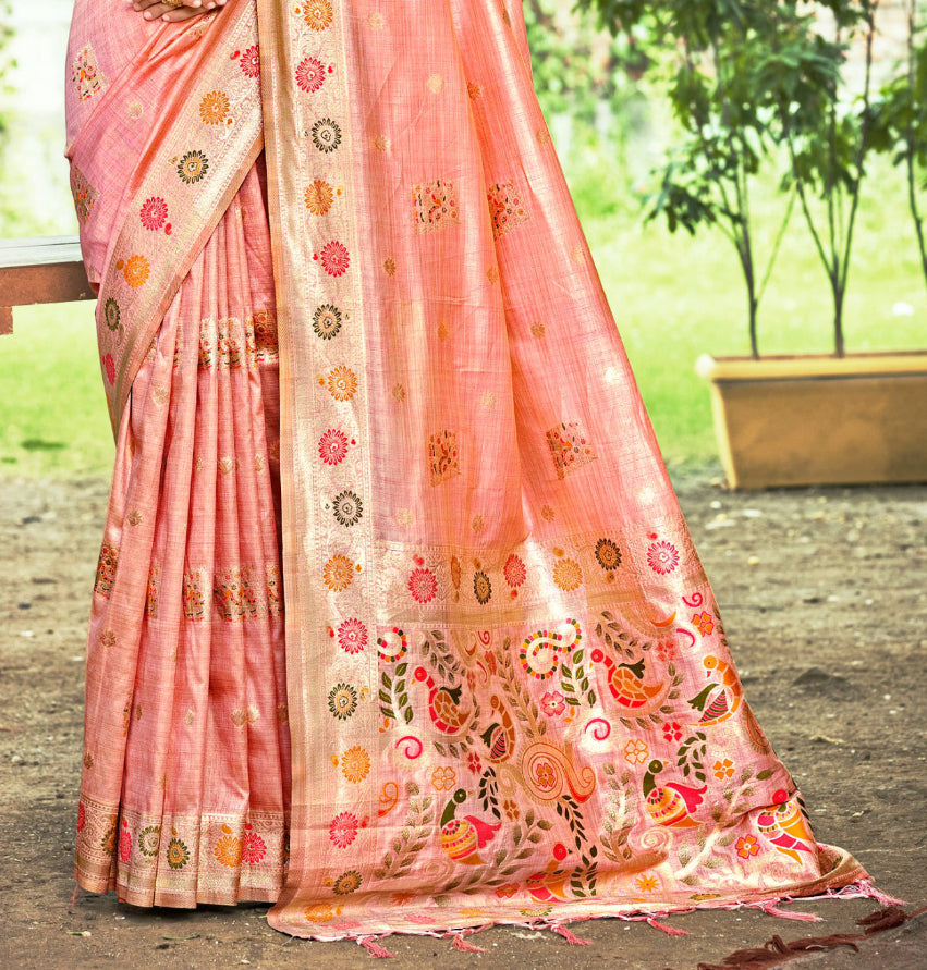 Sangam Prints Peach Heavy Assam Silk Saree With Meena Woven Work Traditional Saree | Grocsy