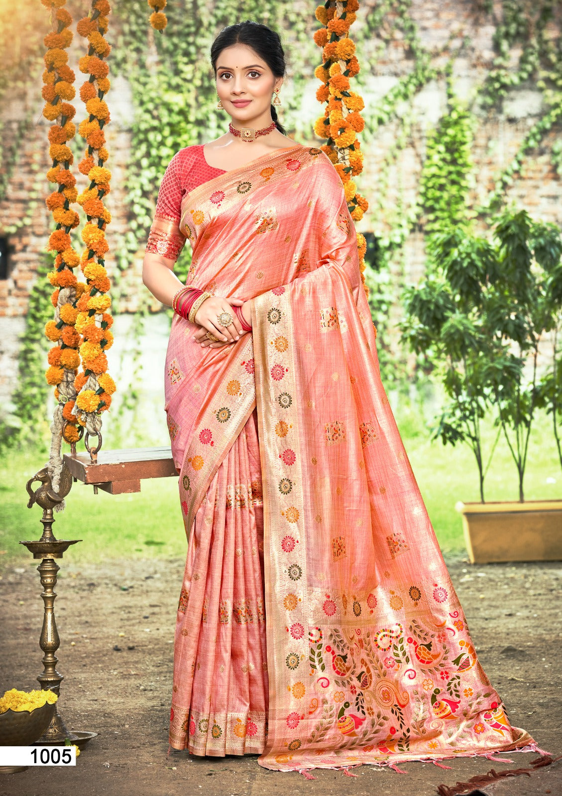 Prazu Fashion Peach Assam Silk Weaving Wedding Wear Saree | Grocsy
