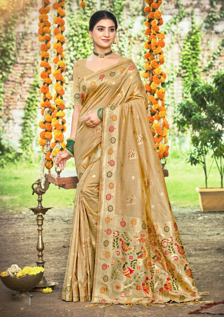 Sangam Prints Chiku Havy Assam Silk Saree With Meena Woven Work Traditional Saree | Grocsy